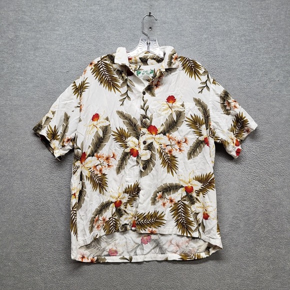 VINTAGE Two Palms Men Button Up Shirt L White Brown Hawaiian Shirt - Picture 1 of 7